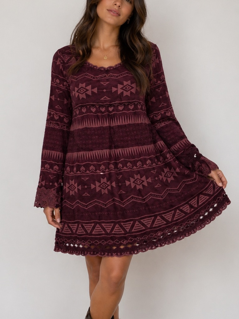 Johnny Was Lace Burgundy dress 3/4 length sleeve Geometric lace design Designer